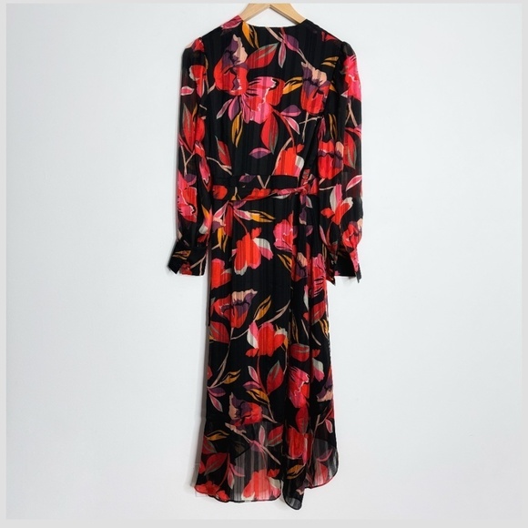 Adelyn Rae Wrap Dress High Low Chiffon Long Sleeve Black Red Print Sheer Sleeve - Picture 8 of 15